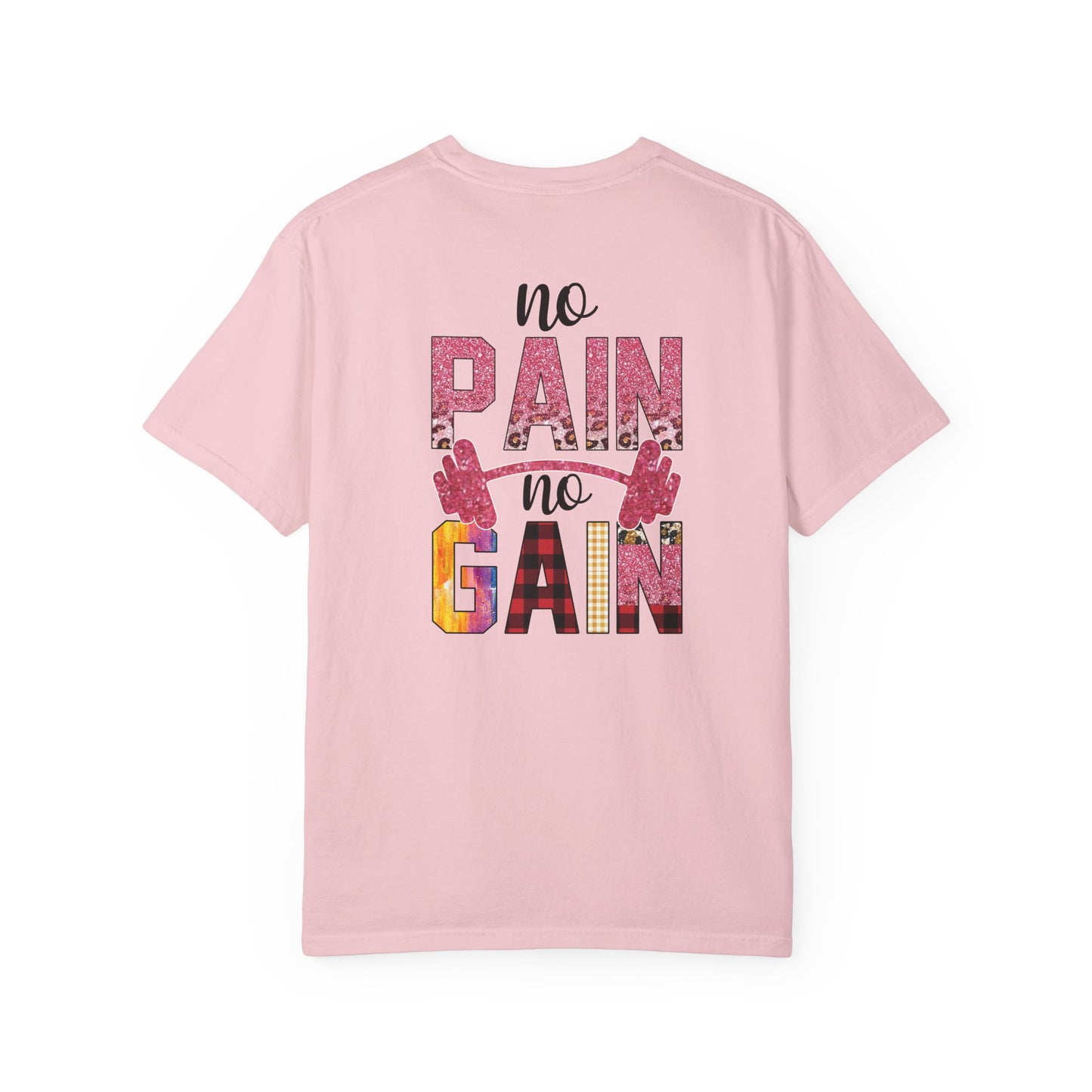 No Pain No Gain T-Shirt — Motivational Gym Tee with Barbell Design