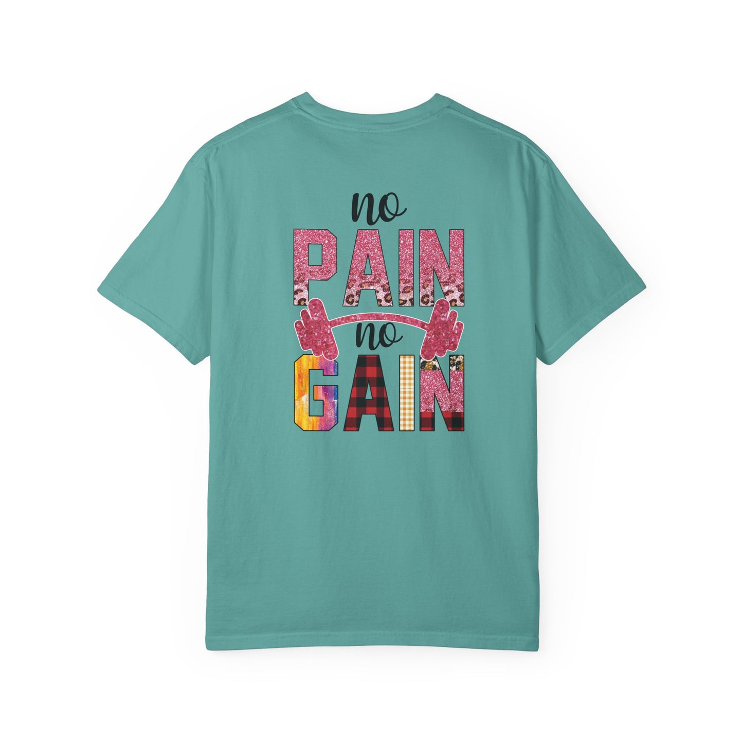 No Pain No Gain T-Shirt — Motivational Gym Tee with Barbell Design