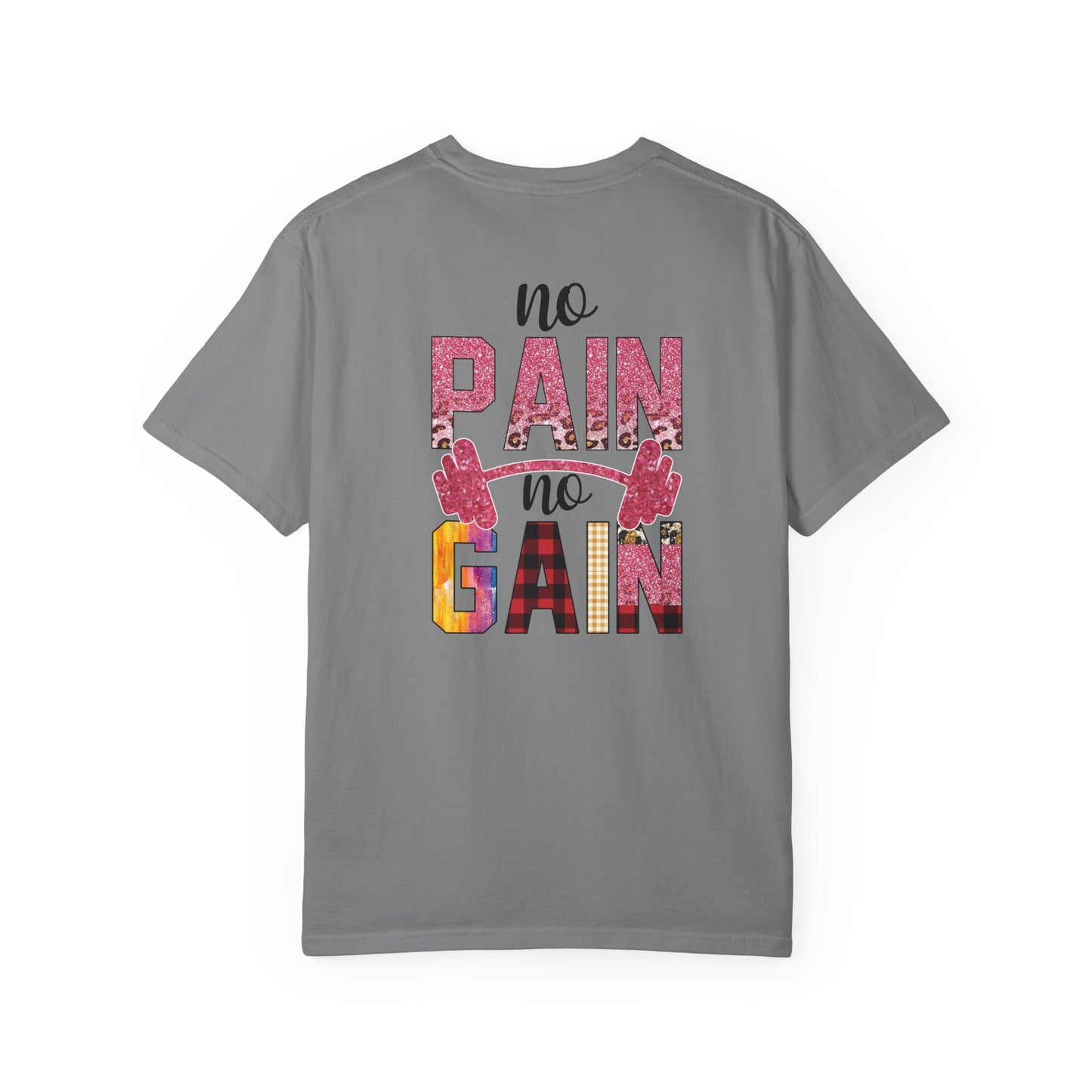 No Pain No Gain T-Shirt — Motivational Gym Tee with Barbell Design