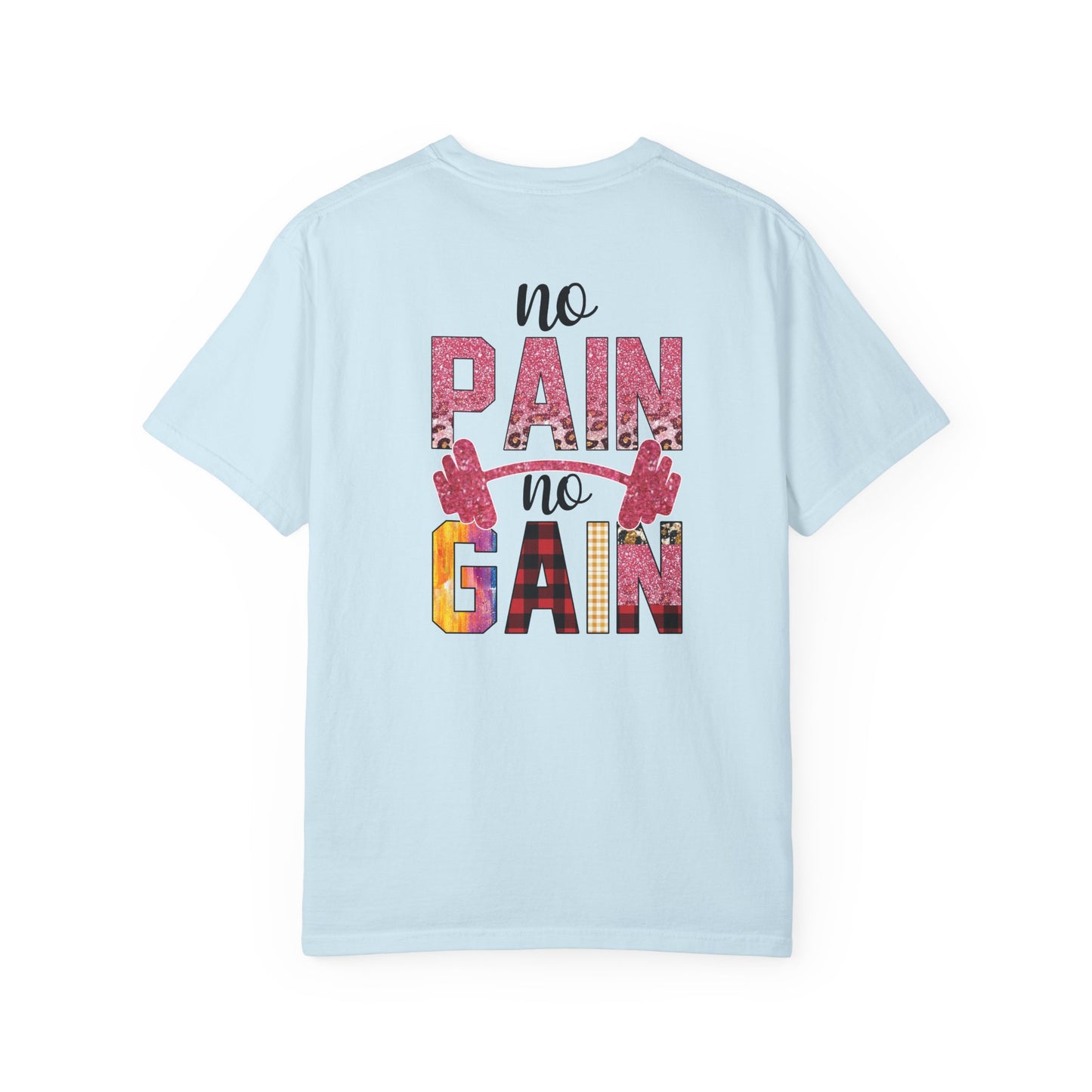 No Pain No Gain T-Shirt — Motivational Gym Tee with Barbell Design