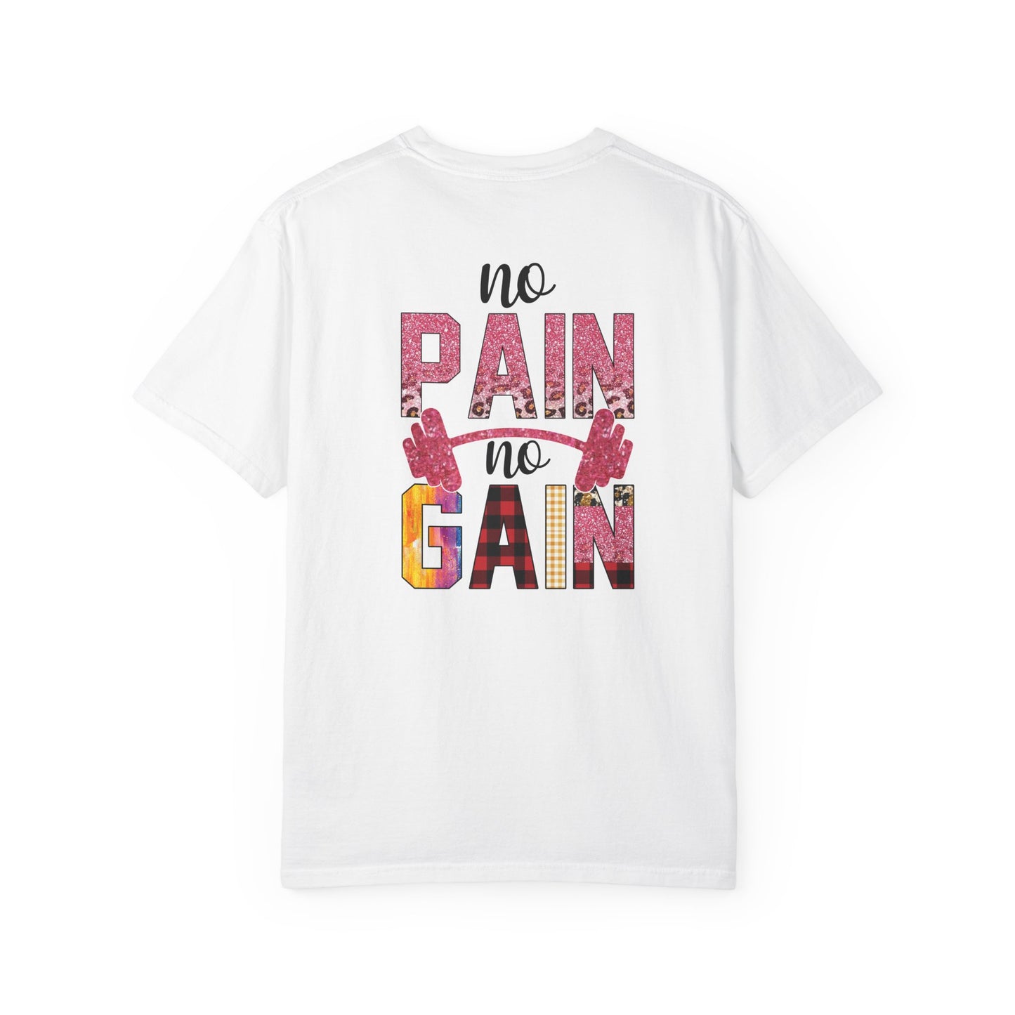 No Pain No Gain T-Shirt — Motivational Gym Tee with Barbell Design
