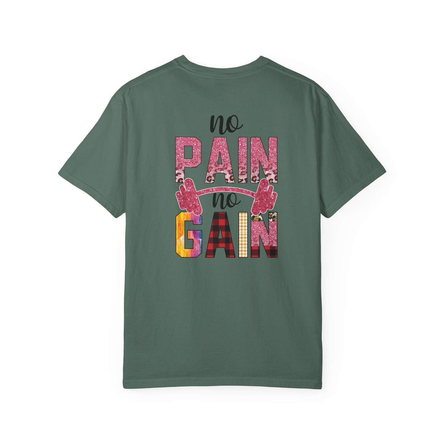 No Pain No Gain T-Shirt — Motivational Gym Tee with Barbell Design