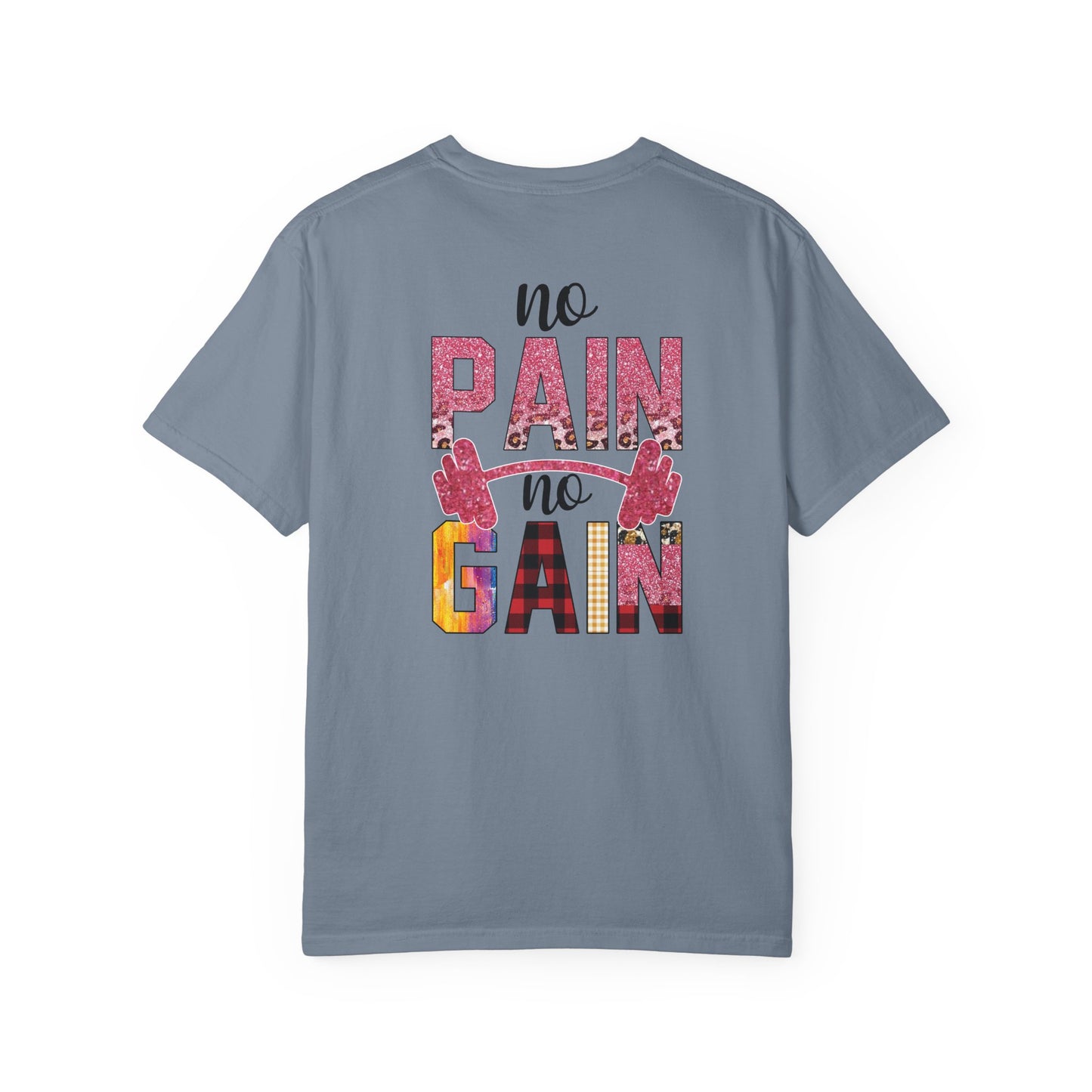No Pain No Gain T-Shirt — Motivational Gym Tee with Barbell Design