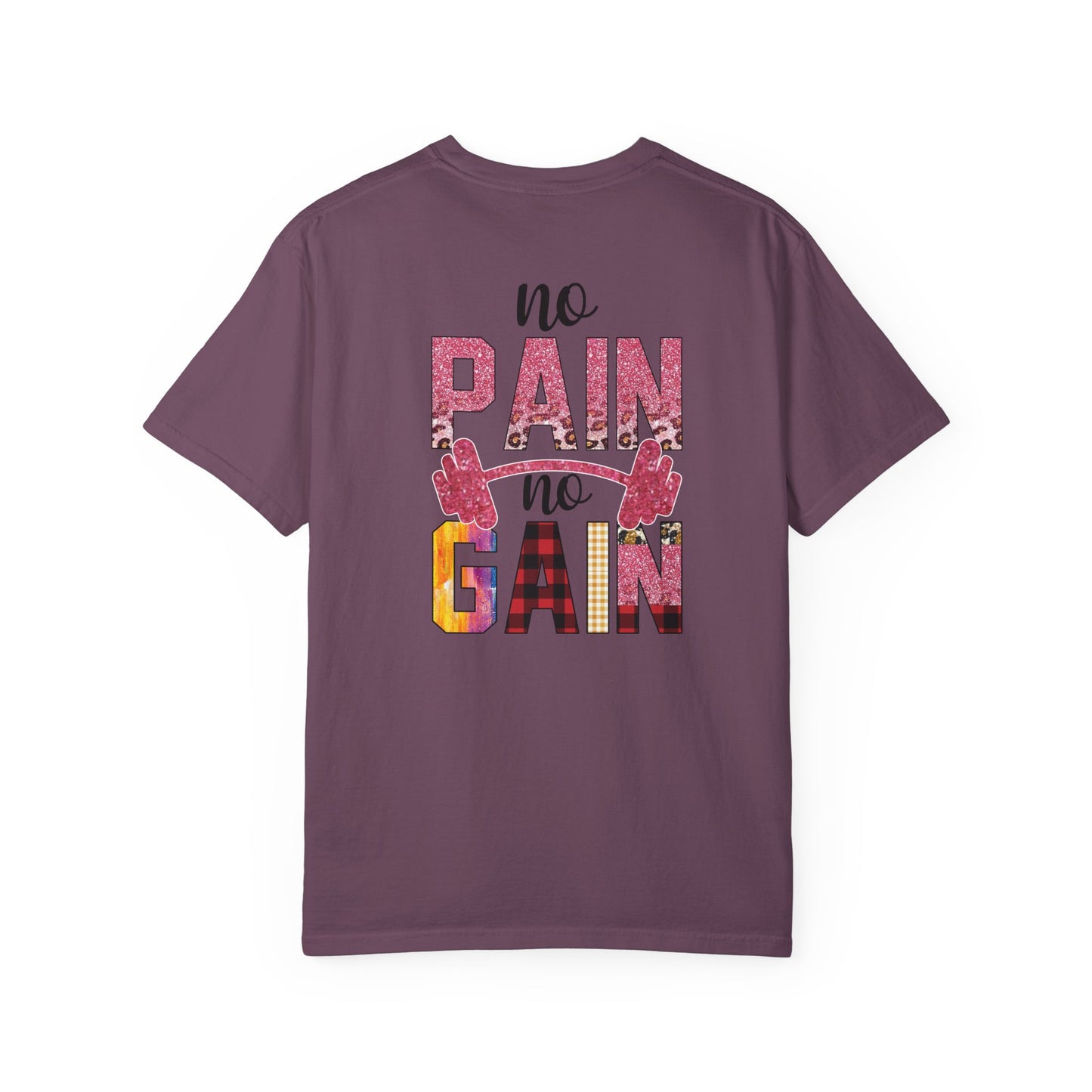 No Pain No Gain T-Shirt — Motivational Gym Tee with Barbell Design