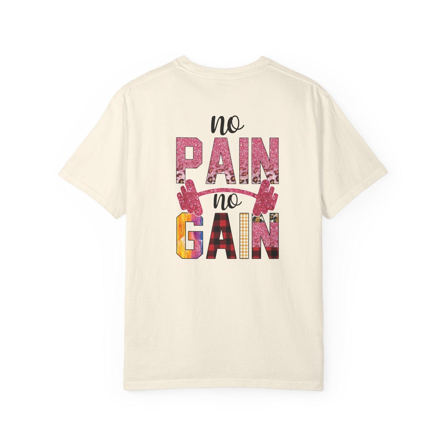 No Pain No Gain T-Shirt — Motivational Gym Tee with Barbell Design